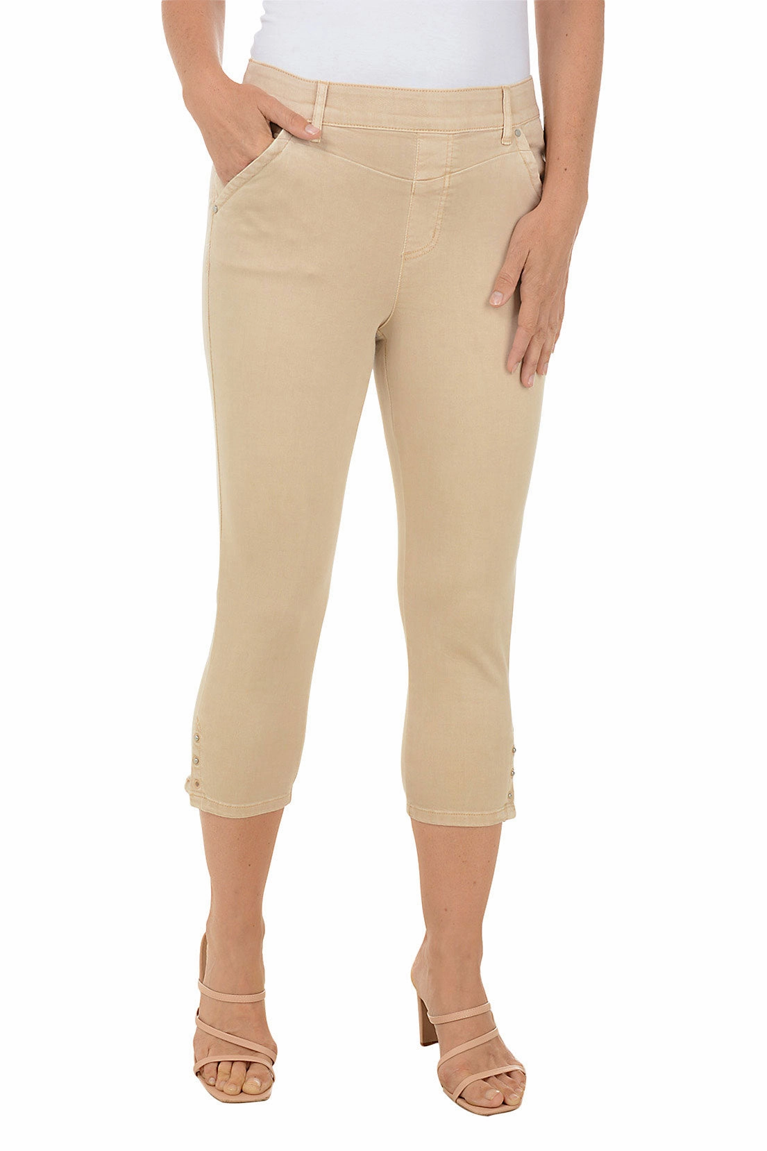 Water Repellent Coating Eco Friendly Dye Studded Hem Denim Pull-On Capri Pant