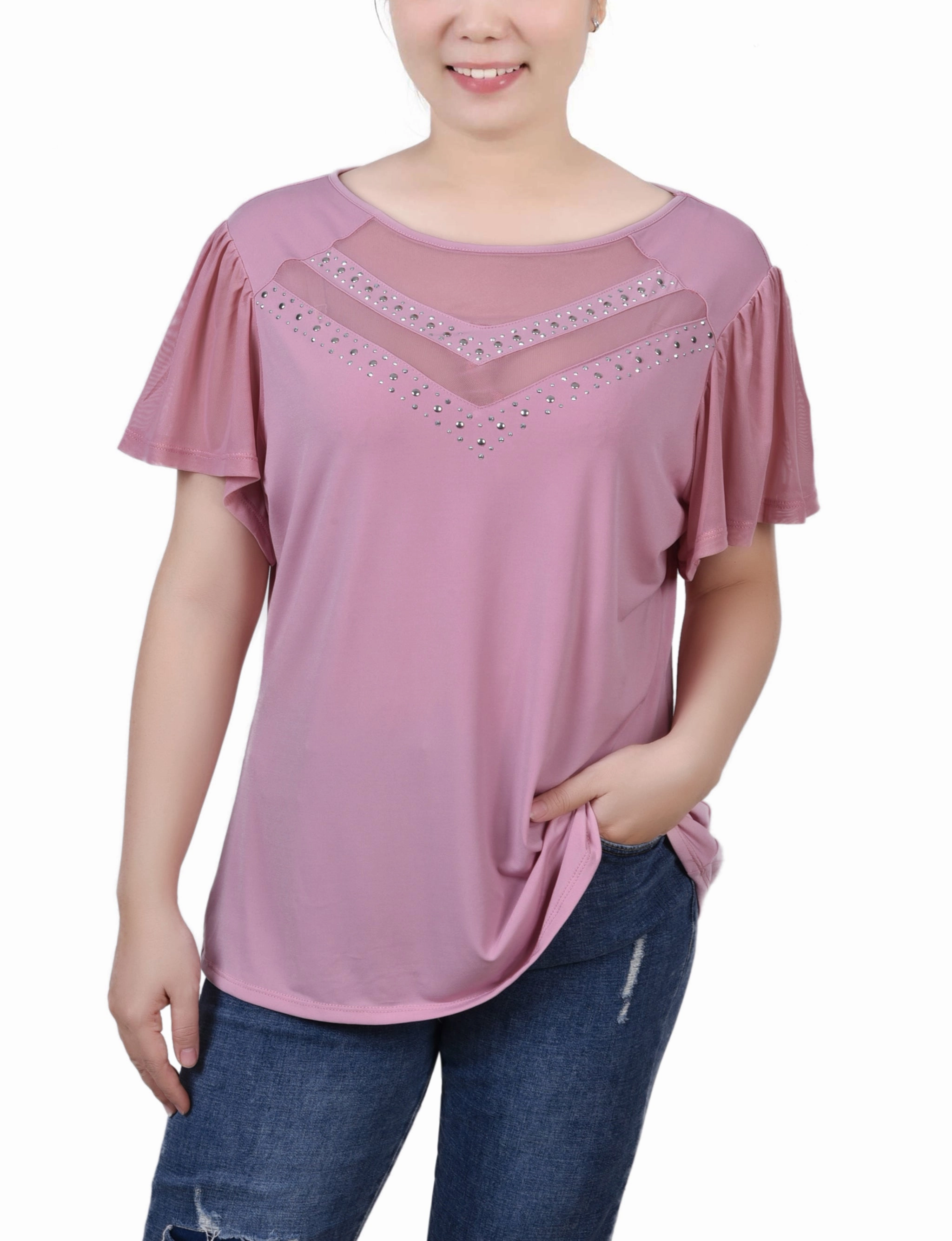 Studded Short Flutter Sleeve Top With Mesh Details Odor Neutralizing Technology