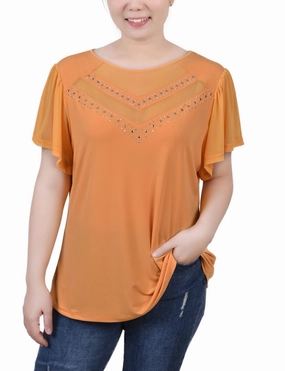 Elegant Look Low Profile Seaming Studded Short Flutter Sleeve Top With Mesh Details
