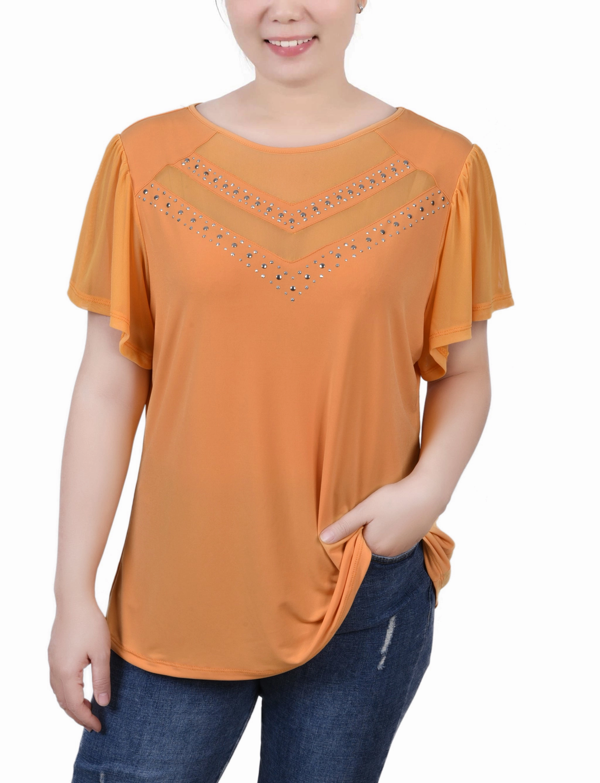 Winter Hoodie Studded Short Flutter Sleeve Top With Mesh Details