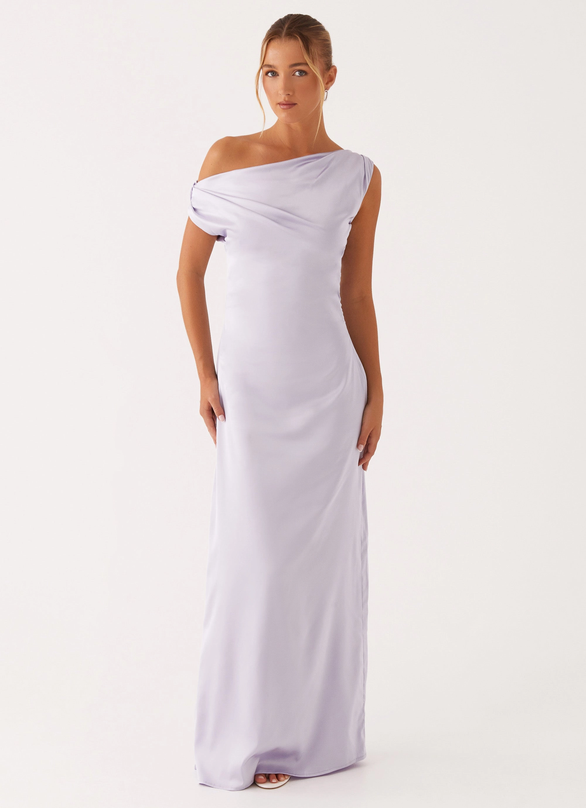 Soft Appeal Front-Slit Heart Of Glass Satin Maxi Dress - Lilac