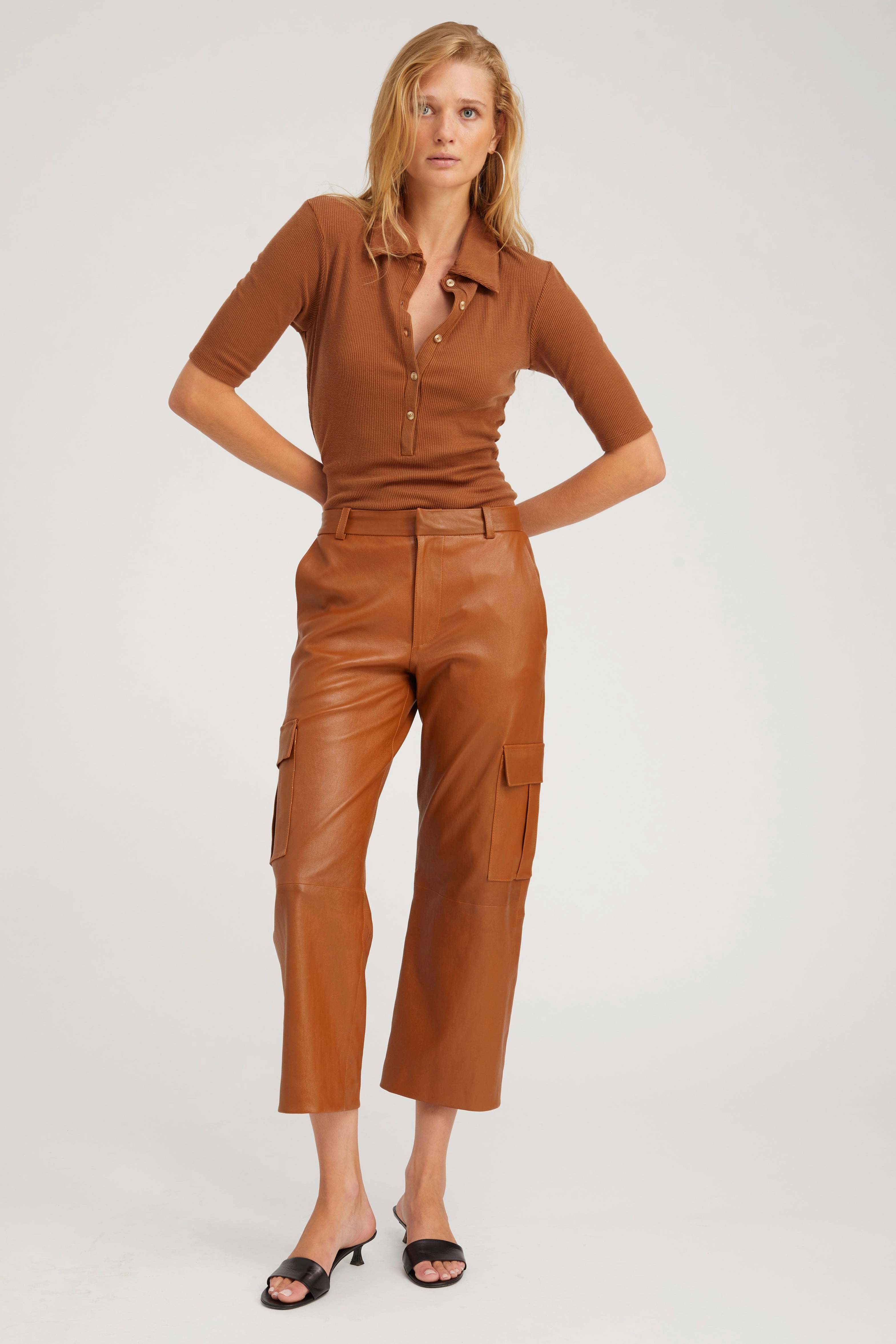 Chestnut Rib Mid Sleeve Polo Top Tailored Silhouette Moisture Control Technology
