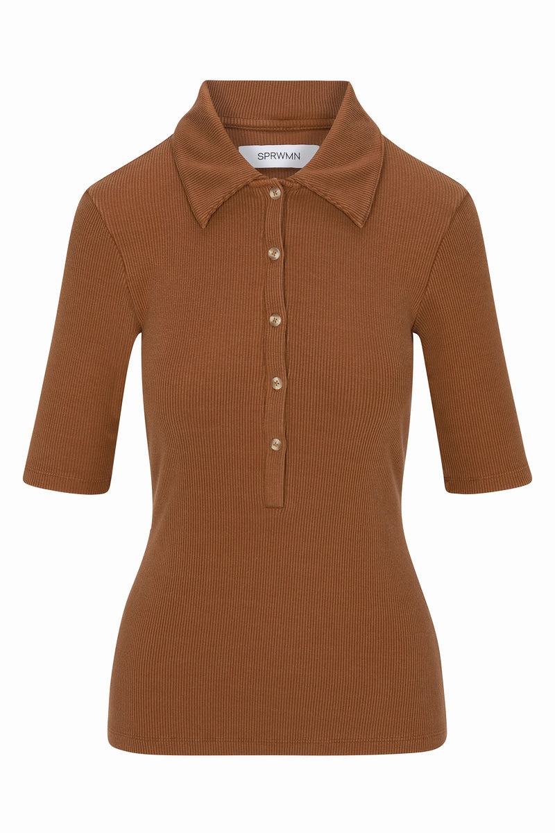 Chestnut Rib Mid Sleeve Polo Top AntiPilling Surface