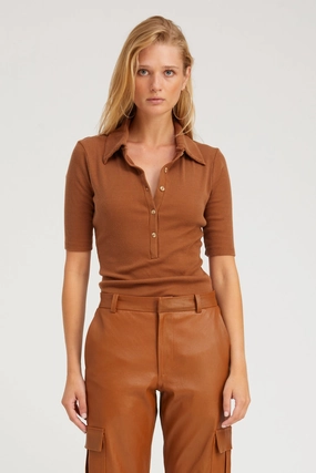 Chestnut Rib Mid Sleeve Polo Top Vintage Pullover