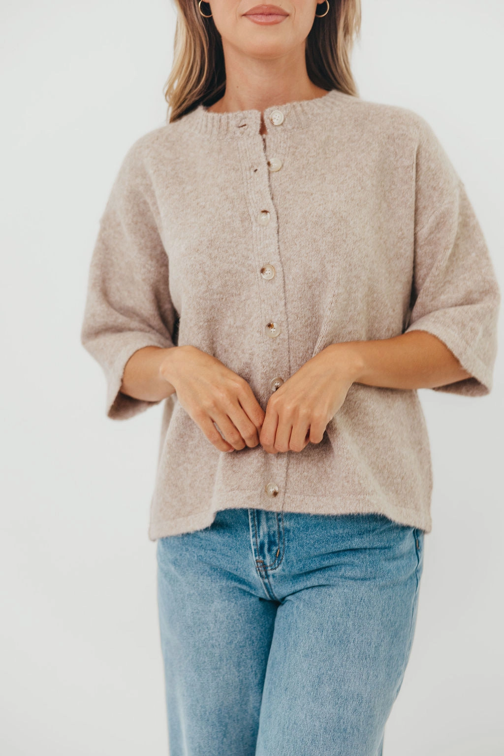 Non Irritating Seam Finish Torsion Support Structure Davina Button-up Sweater in Mocha