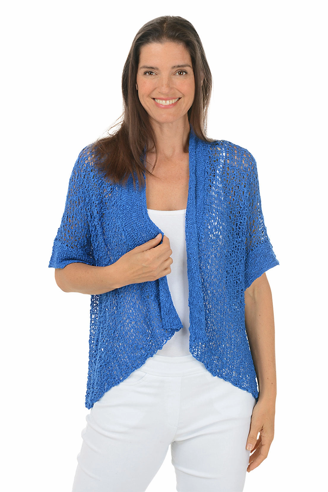 Double Layered Hem Minimalist Silhouette Cut Popcorn Open Weave Shrug