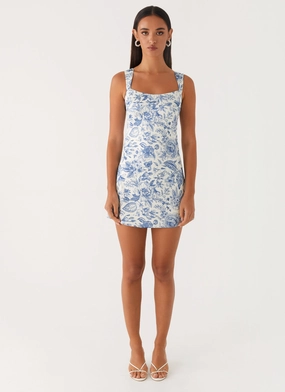 Grace Vibe Stretchable Odette Satin Mini Dress - Blue Paisley
