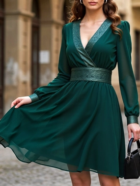 Solid color chiffon V-neck long-sleeved dress Casual Must-Have