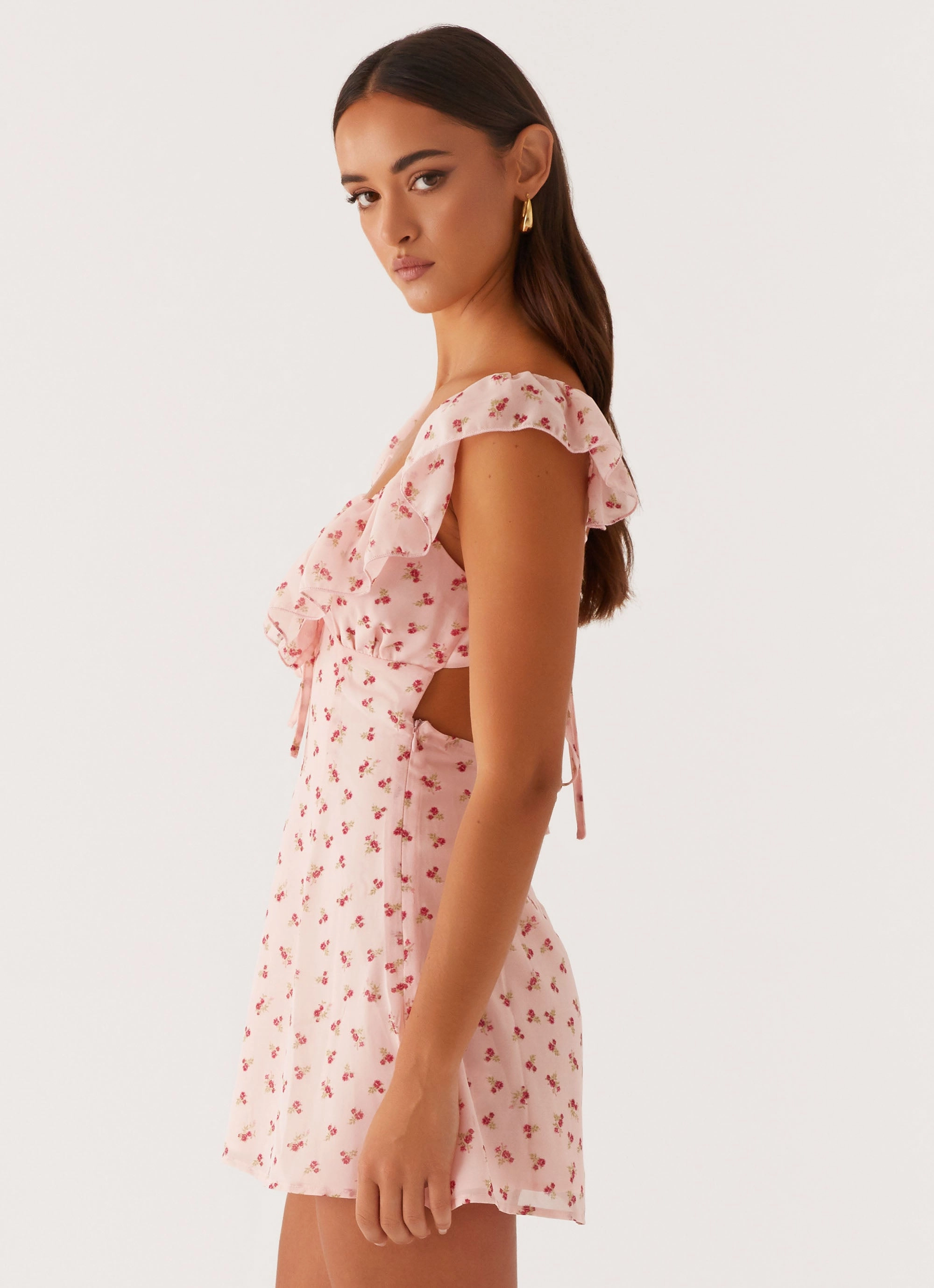 Adrina Ruffle Mini Dress - Pink Flower Subtle Detail