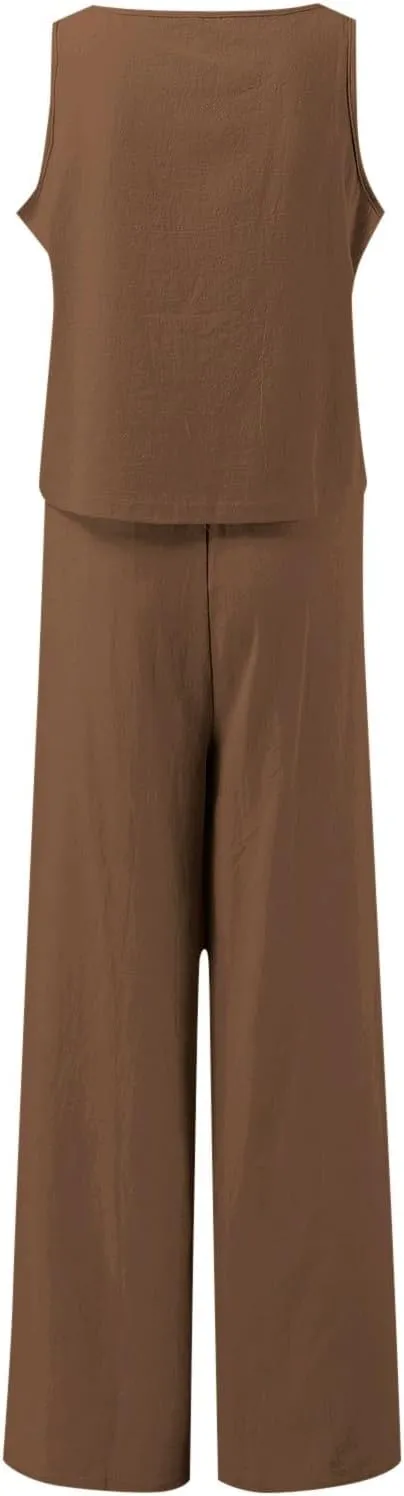 Summer 2-Piece Linen Lounge Set for Women Sleeveless Crop Top & Cropped Wide-Leg Pocket Pants Casual Vacation Outfit