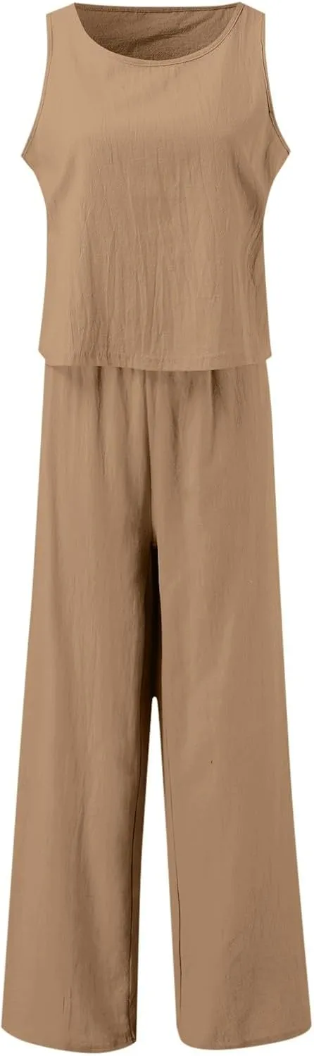 Summer 2-Piece Linen Lounge Set for Women Sleeveless Crop Top & Cropped Wide-Leg Pocket Pants Casual Vacation Outfit