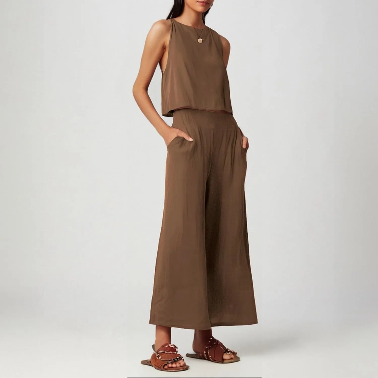 Summer 2-Piece Linen Lounge Set for Women Sleeveless Crop Top & Cropped Wide-Leg Pocket Pants Casual Vacation Outfit