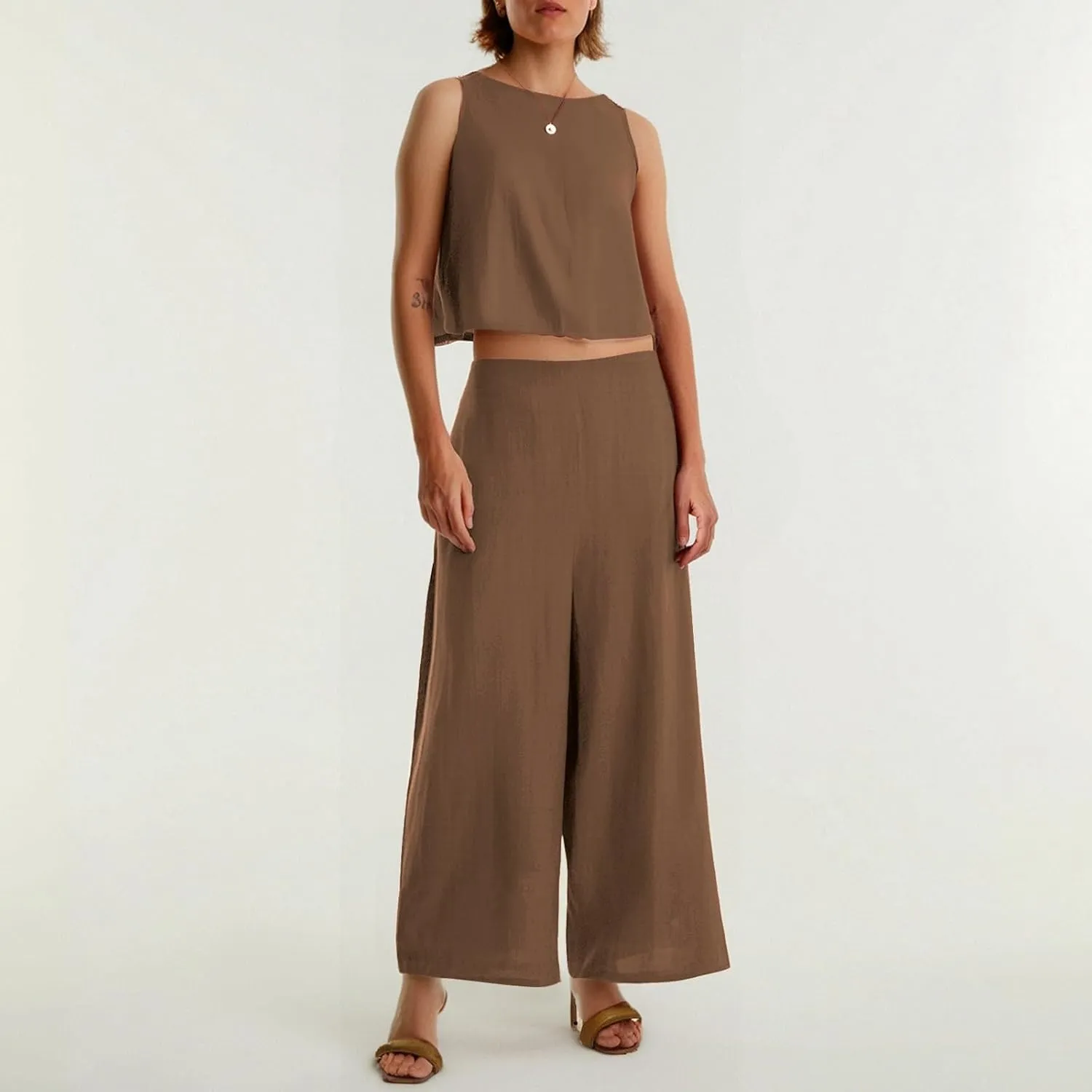 Summer 2-Piece Linen Lounge Set for Women Sleeveless Crop Top & Cropped Wide-Leg Pocket Pants Casual Vacation Outfit