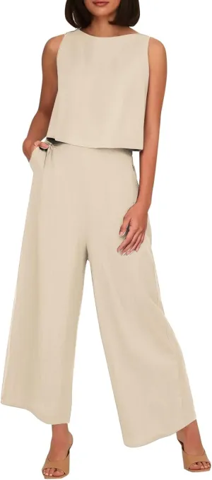 Summer 2-Piece Linen Lounge Set for Women Sleeveless Crop Top & Cropped Wide-Leg Pocket Pants Casual Vacation Outfit