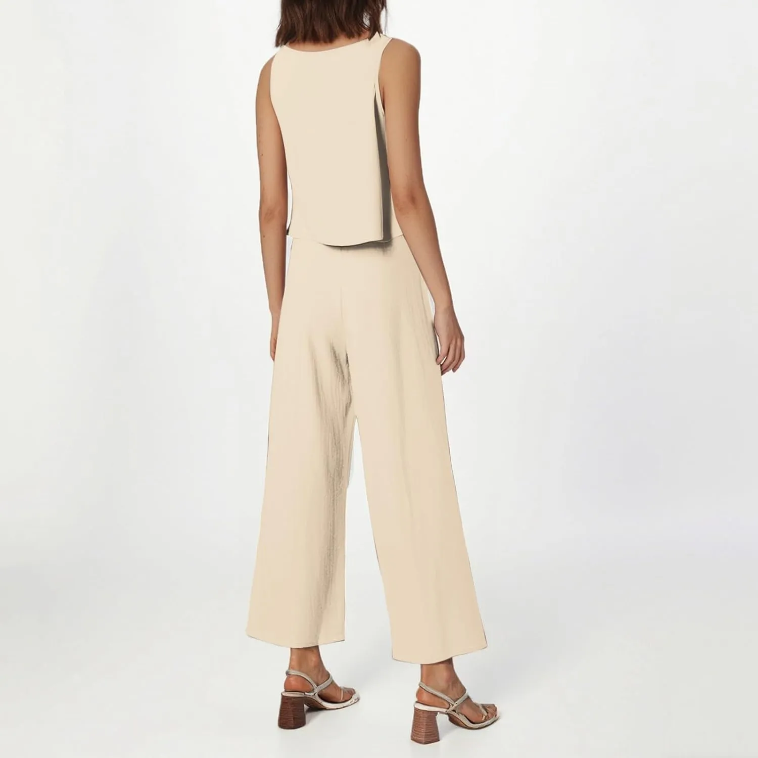 Summer 2-Piece Linen Lounge Set for Women Sleeveless Crop Top & Cropped Wide-Leg Pocket Pants Casual Vacation Outfit