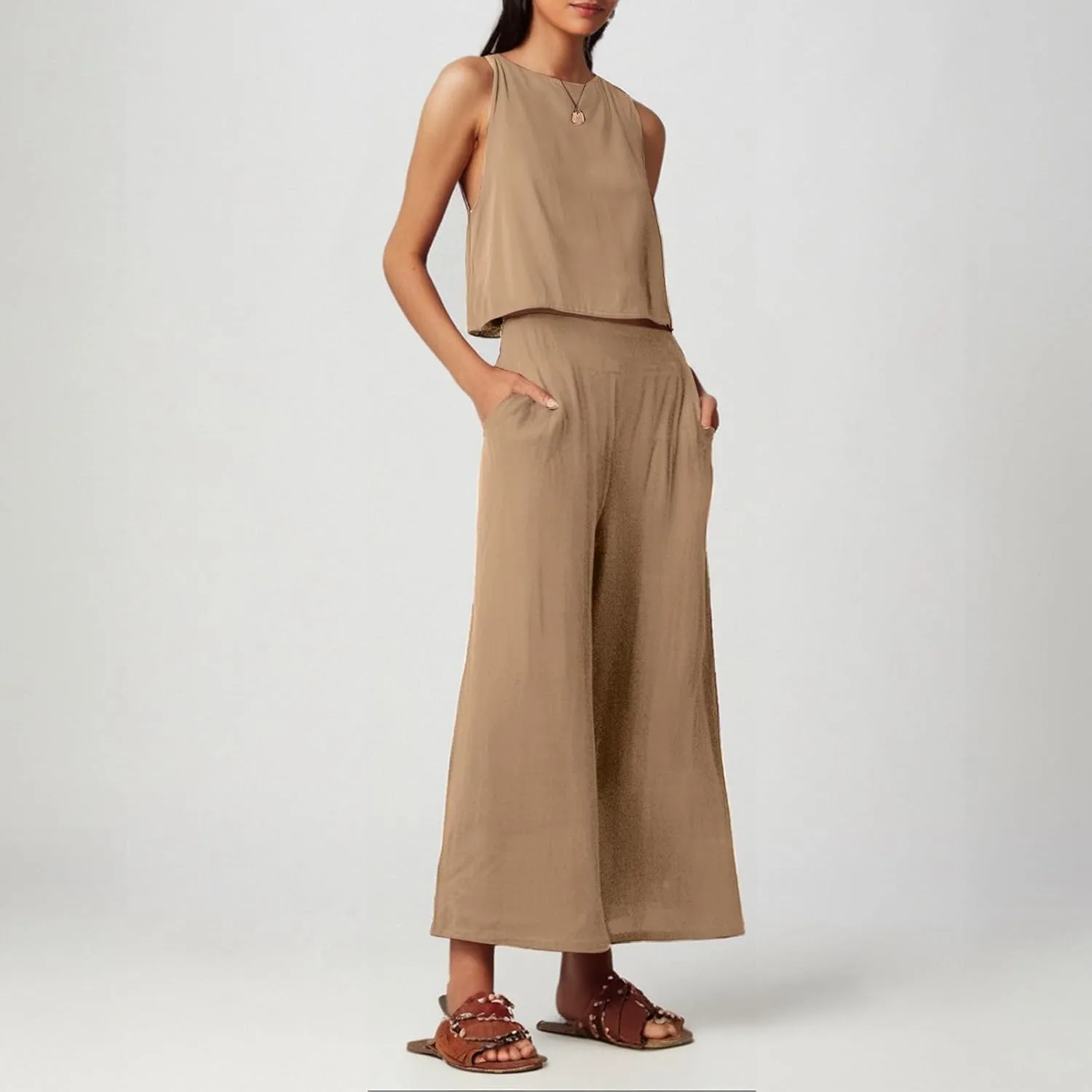 Summer 2-Piece Linen Lounge Set for Women Sleeveless Crop Top & Cropped Wide-Leg Pocket Pants Casual Vacation Outfit