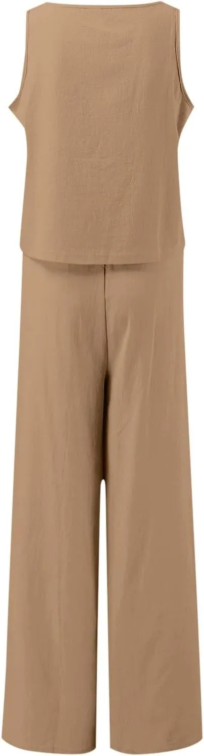 Summer 2-Piece Linen Lounge Set for Women Sleeveless Crop Top & Cropped Wide-Leg Pocket Pants Casual Vacation Outfit