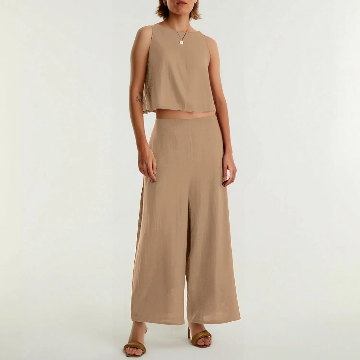 Summer 2-Piece Linen Lounge Set for Women Sleeveless Crop Top & Cropped Wide-Leg Pocket Pants Casual Vacation Outfit