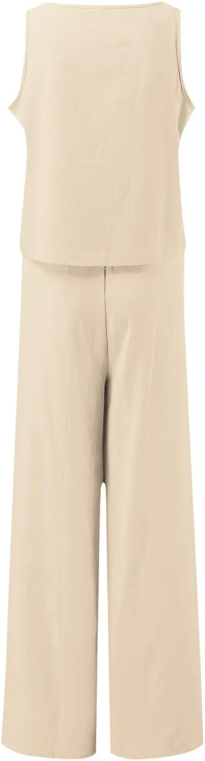 Summer 2-Piece Linen Lounge Set for Women Sleeveless Crop Top & Cropped Wide-Leg Pocket Pants Casual Vacation Outfit