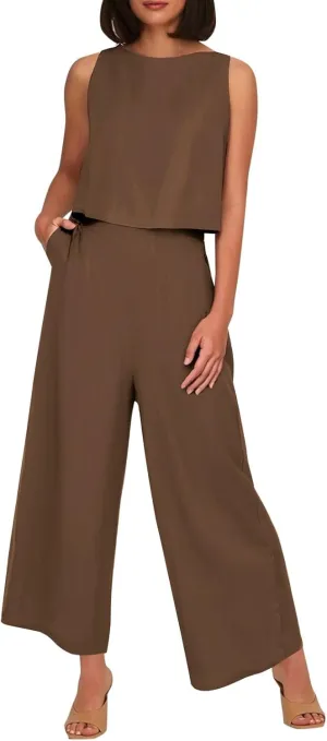 Summer 2-Piece Linen Lounge Set for Women Sleeveless Crop Top & Cropped Wide-Leg Pocket Pants Casual Vacation Outfit