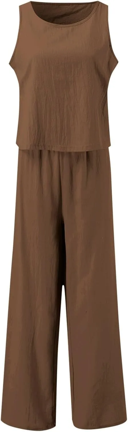 Summer 2-Piece Linen Lounge Set for Women Sleeveless Crop Top & Cropped Wide-Leg Pocket Pants Casual Vacation Outfit