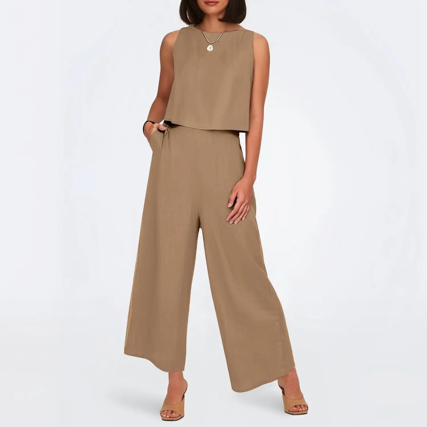 Summer 2-Piece Linen Lounge Set for Women Sleeveless Crop Top & Cropped Wide-Leg Pocket Pants Casual Vacation Outfit