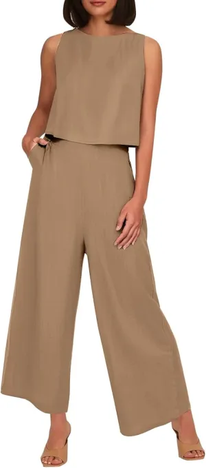 Summer 2-Piece Linen Lounge Set for Women Sleeveless Crop Top & Cropped Wide-Leg Pocket Pants Casual Vacation Outfit