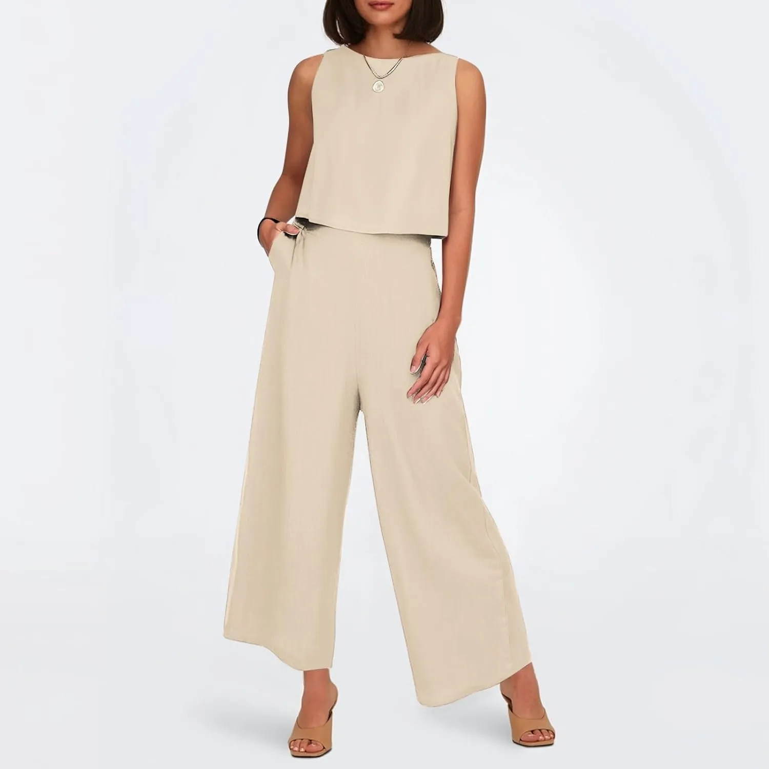Summer 2-Piece Linen Lounge Set for Women Sleeveless Crop Top & Cropped Wide-Leg Pocket Pants Casual Vacation Outfit