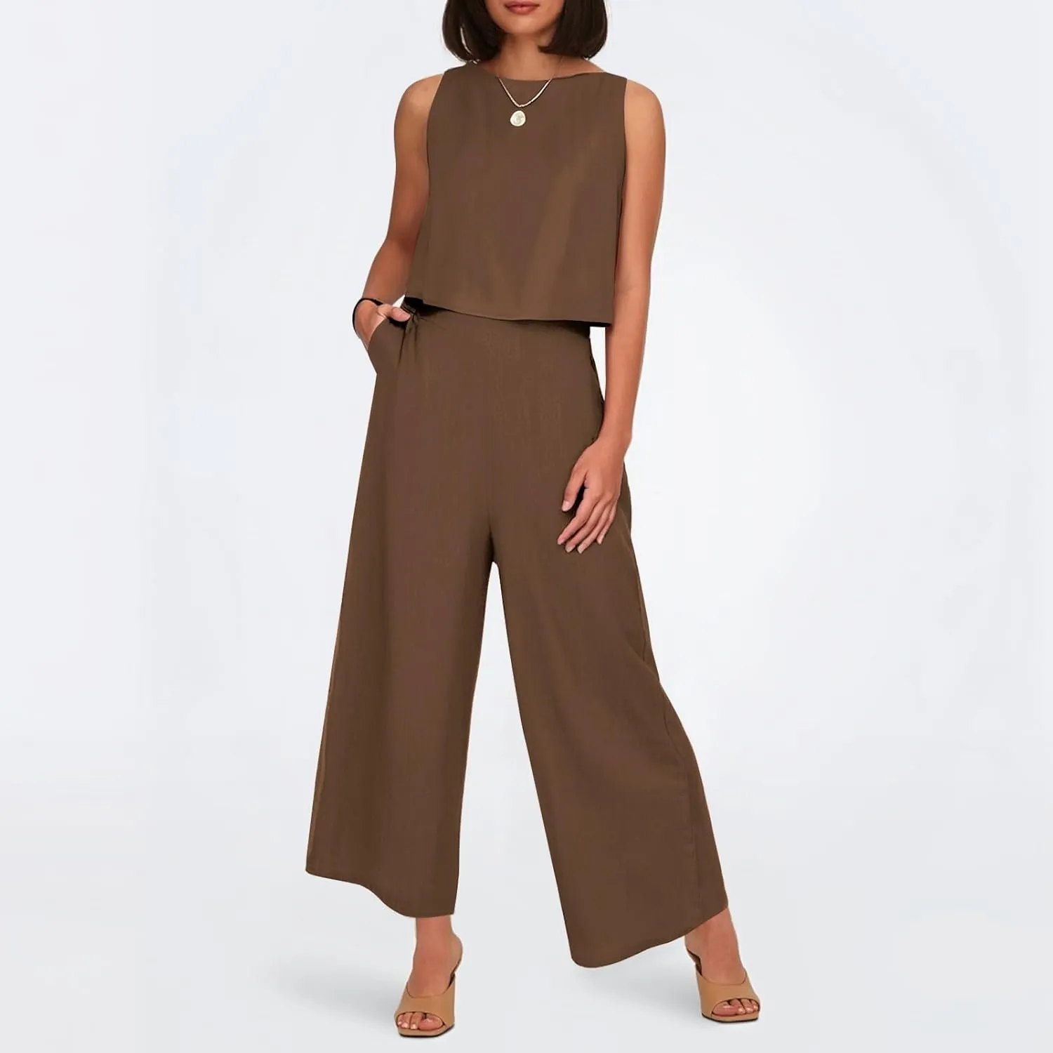 Summer 2-Piece Linen Lounge Set for Women Sleeveless Crop Top & Cropped Wide-Leg Pocket Pants Casual Vacation Outfit