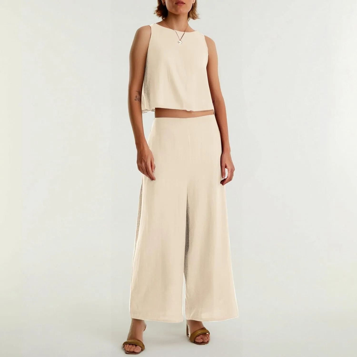 Summer 2-Piece Linen Lounge Set for Women Sleeveless Crop Top & Cropped Wide-Leg Pocket Pants Casual Vacation Outfit