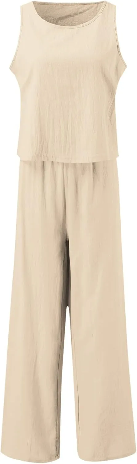 Summer 2-Piece Linen Lounge Set for Women Sleeveless Crop Top & Cropped Wide-Leg Pocket Pants Casual Vacation Outfit