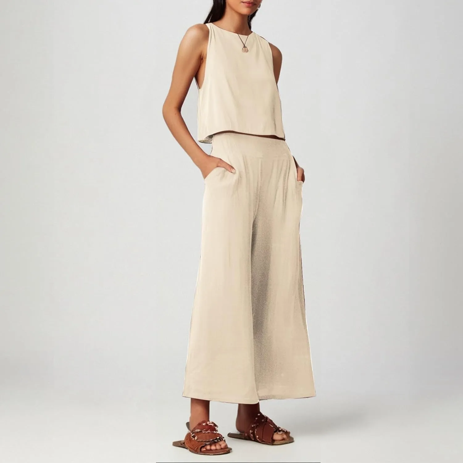 Summer 2-Piece Linen Lounge Set for Women Sleeveless Crop Top & Cropped Wide-Leg Pocket Pants Casual Vacation Outfit