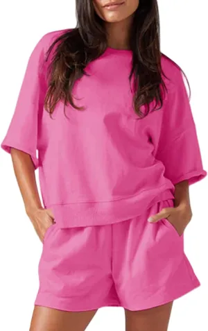 Summer 2 Piece Outfits for Women Casual Crew Neck Half Sleeve Tops Baggy Short Sets Lightweight Running Tracksuits