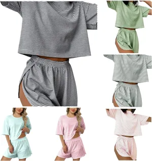 Summer 2 Piece Pajamas Sets for Women Short Sleeve Striped T Shirt Comfort Sleepwear Pjs Lounge Split Short Sets