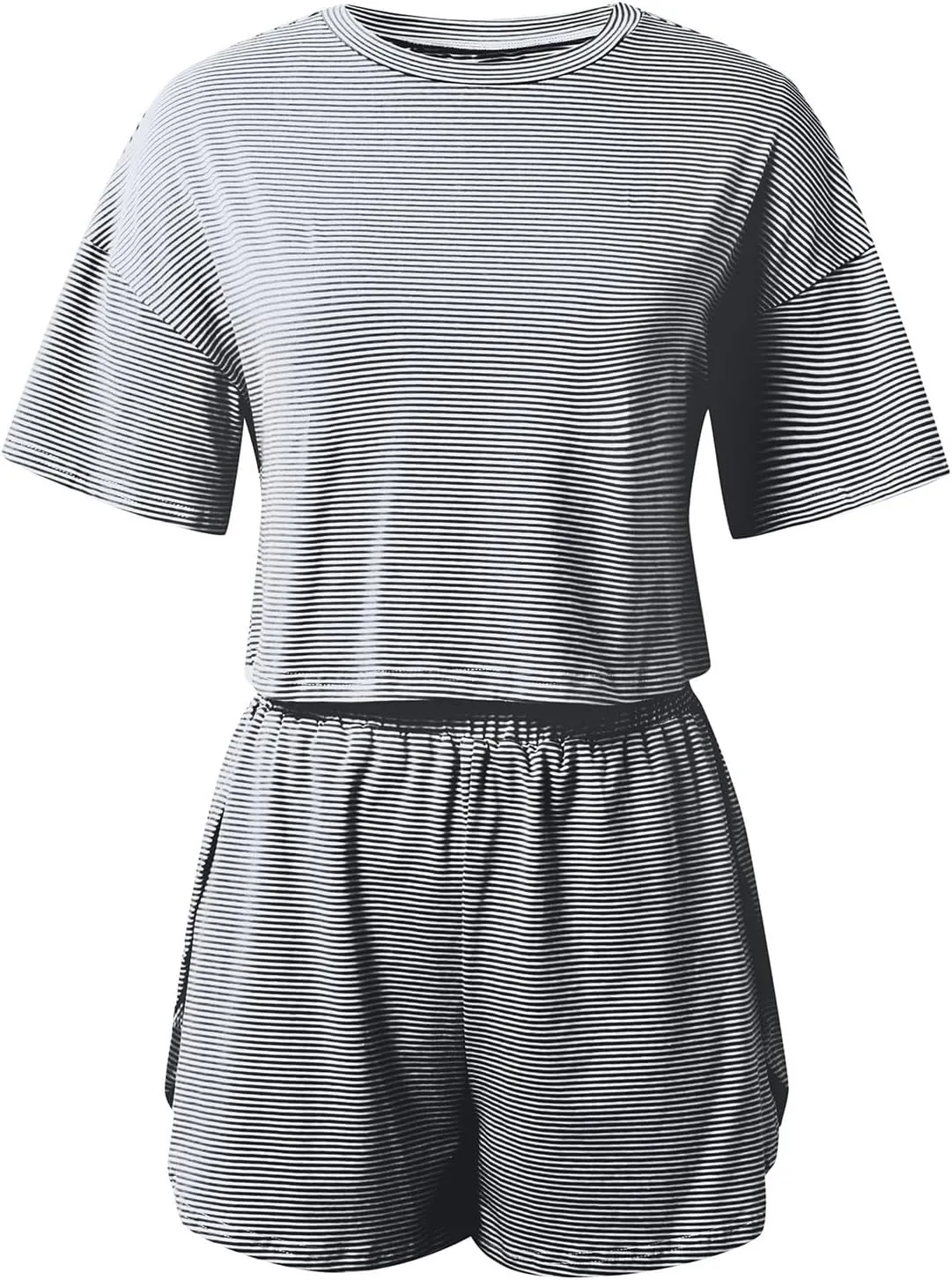 Summer 2 Piece Pajamas Sets for Women Short Sleeve Striped T Shirt Comfort Sleepwear Pjs Lounge Split Short Sets