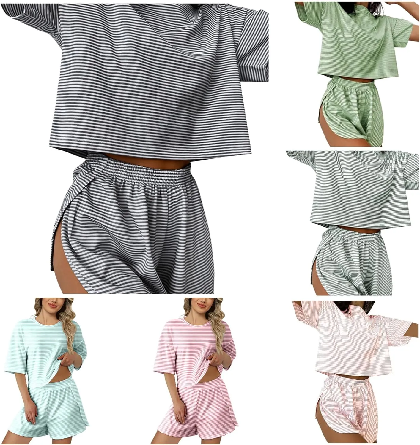 Summer 2 Piece Pajamas Sets for Women Short Sleeve Striped T Shirt Comfort Sleepwear Pjs Lounge Split Short Sets
