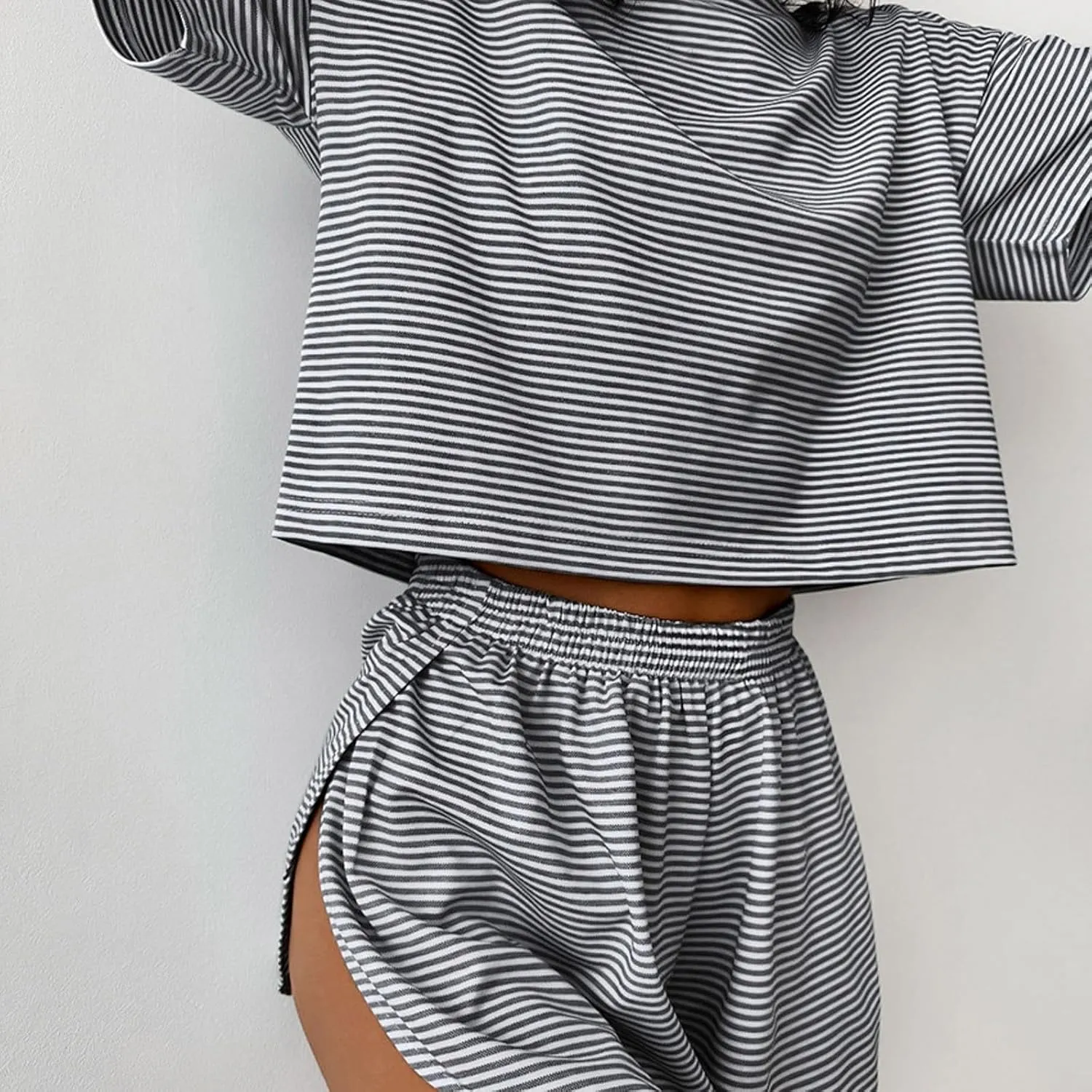 Summer 2 Piece Pajamas Sets for Women Short Sleeve Striped T Shirt Comfort Sleepwear Pjs Lounge Split Short Sets