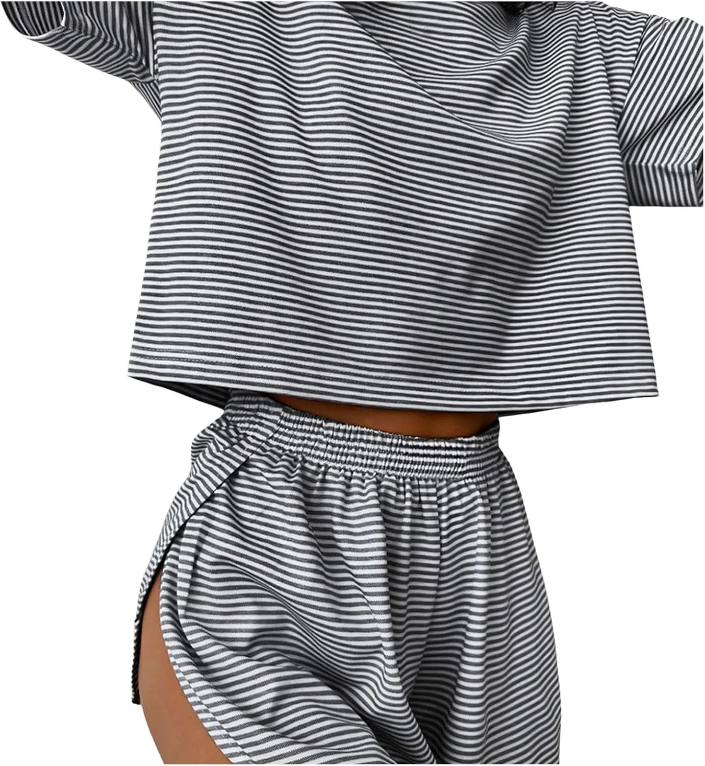 Summer 2 Piece Pajamas Sets for Women Short Sleeve Striped T Shirt Comfort Sleepwear Pjs Lounge Split Short Sets
