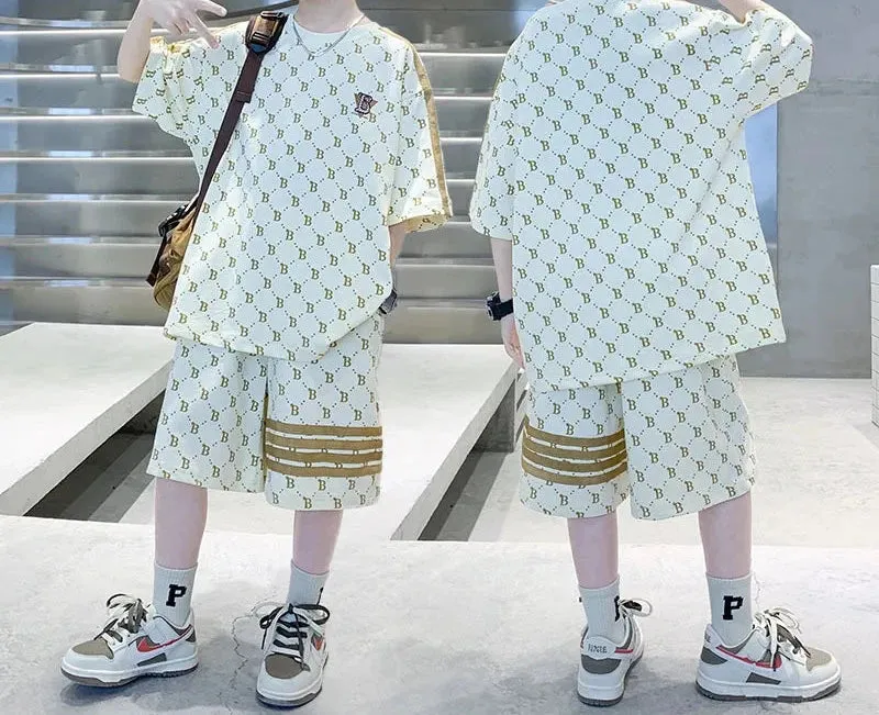 Summer Clothes Kid Boy Letter Plaid T-Shirts Shorts Suit Children Girl Short Sleeve Top and Bottom 2pcs Set Tracksuit Outfits