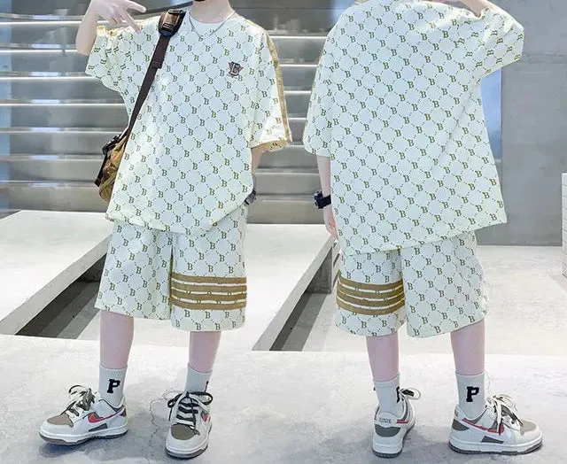 Summer Clothes Kid Boy Letter Plaid T-Shirts Shorts Suit Children Girl Short Sleeve Top and Bottom 2pcs Set Tracksuit Outfits