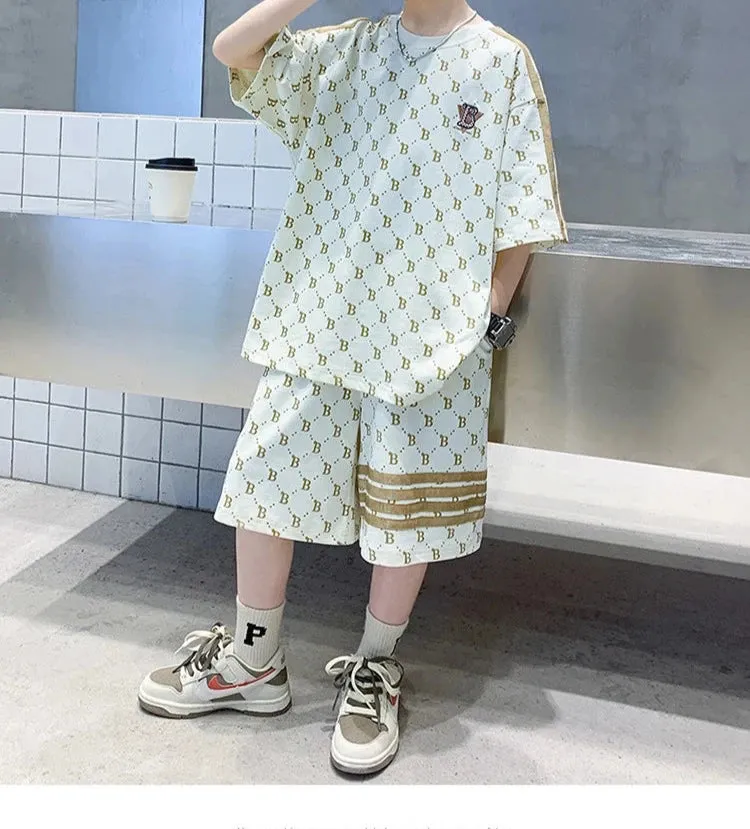 Summer Clothes Kid Boy Letter Plaid T-Shirts Shorts Suit Children Girl Short Sleeve Top and Bottom 2pcs Set Tracksuit Outfits