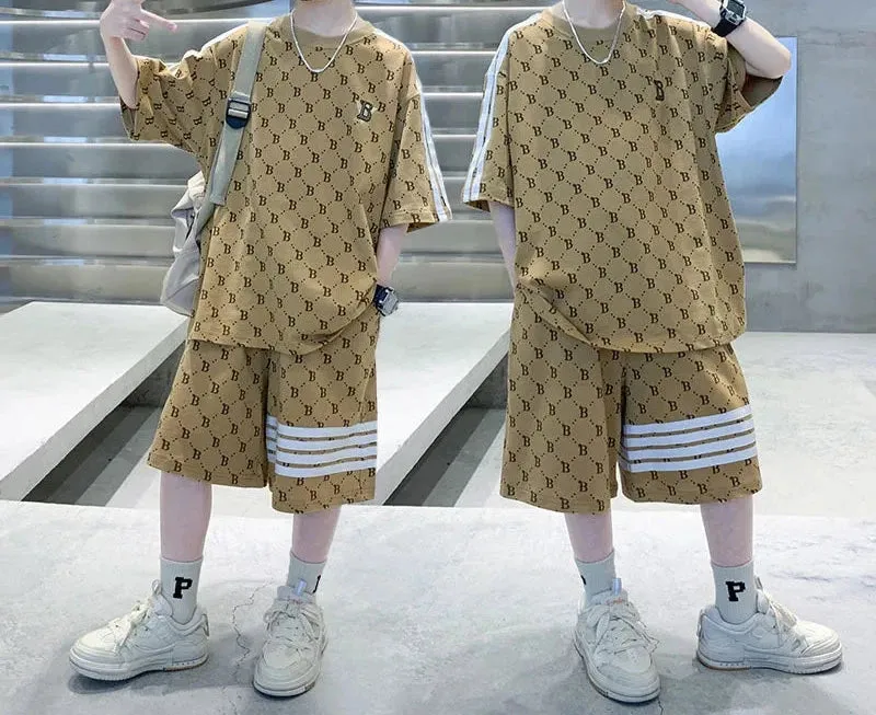 Summer Clothes Kid Boy Letter Plaid T-Shirts Shorts Suit Children Girl Short Sleeve Top and Bottom 2pcs Set Tracksuit Outfits