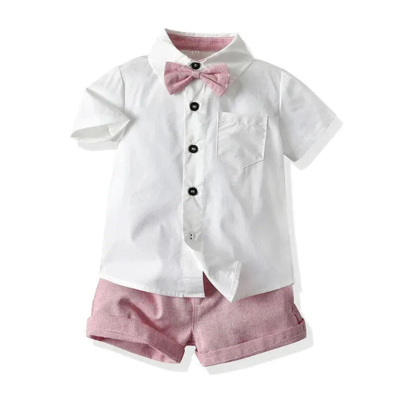Summer Kids Baby Boy Formal Suit Short Sleeve with Shirt Suspender Pants Casual Clothes Outfit Set 2PCS