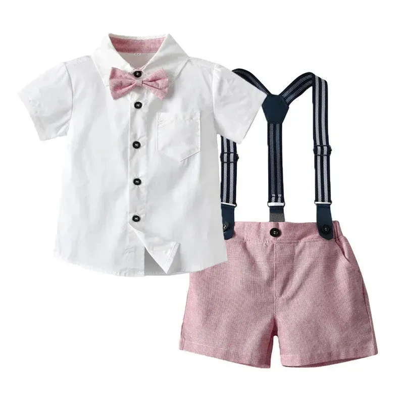 Summer Kids Baby Boy Formal Suit Short Sleeve with Shirt Suspender Pants Casual Clothes Outfit Set 2PCS