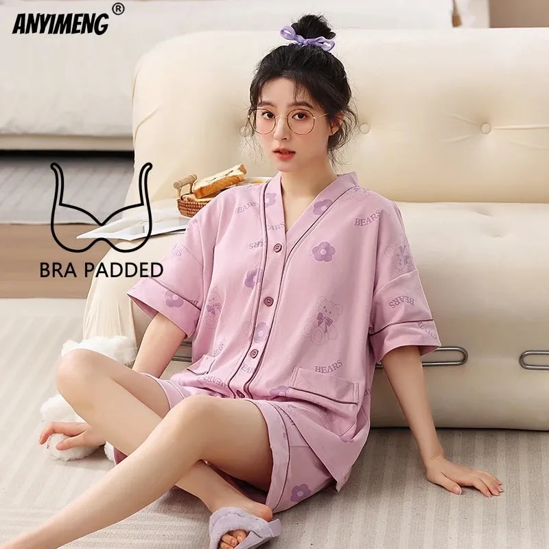 Summer Kimono Style Cardigan Women Pajamas Set Cartoon Sleepwear Korean V-neck Pijamas Chest Padded Nightwear M-5XL Shorts Pjs
