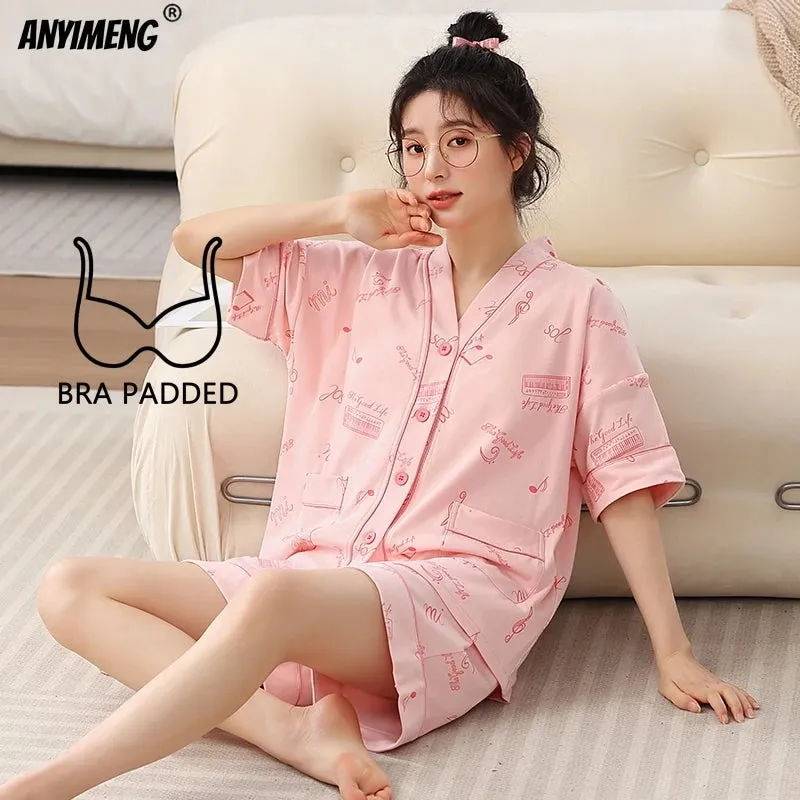 Summer Kimono Style Cardigan Women Pajamas Set Cartoon Sleepwear Korean V-neck Pijamas Chest Padded Nightwear M-5XL Shorts Pjs