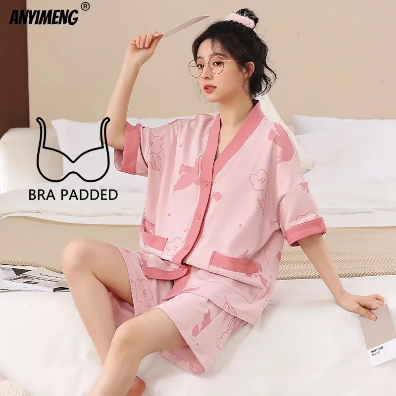 Summer Kimono Style Cardigan Women Pajamas Set Cartoon Sleepwear Korean V-neck Pijamas Chest Padded Nightwear M-5XL Shorts Pjs