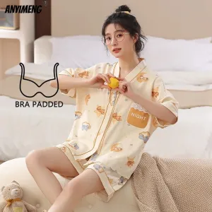 Summer Kimono Style Cardigan Women Pajamas Set Cartoon Sleepwear Korean V-neck Pijamas Chest Padded Nightwear M-5XL Shorts Pjs