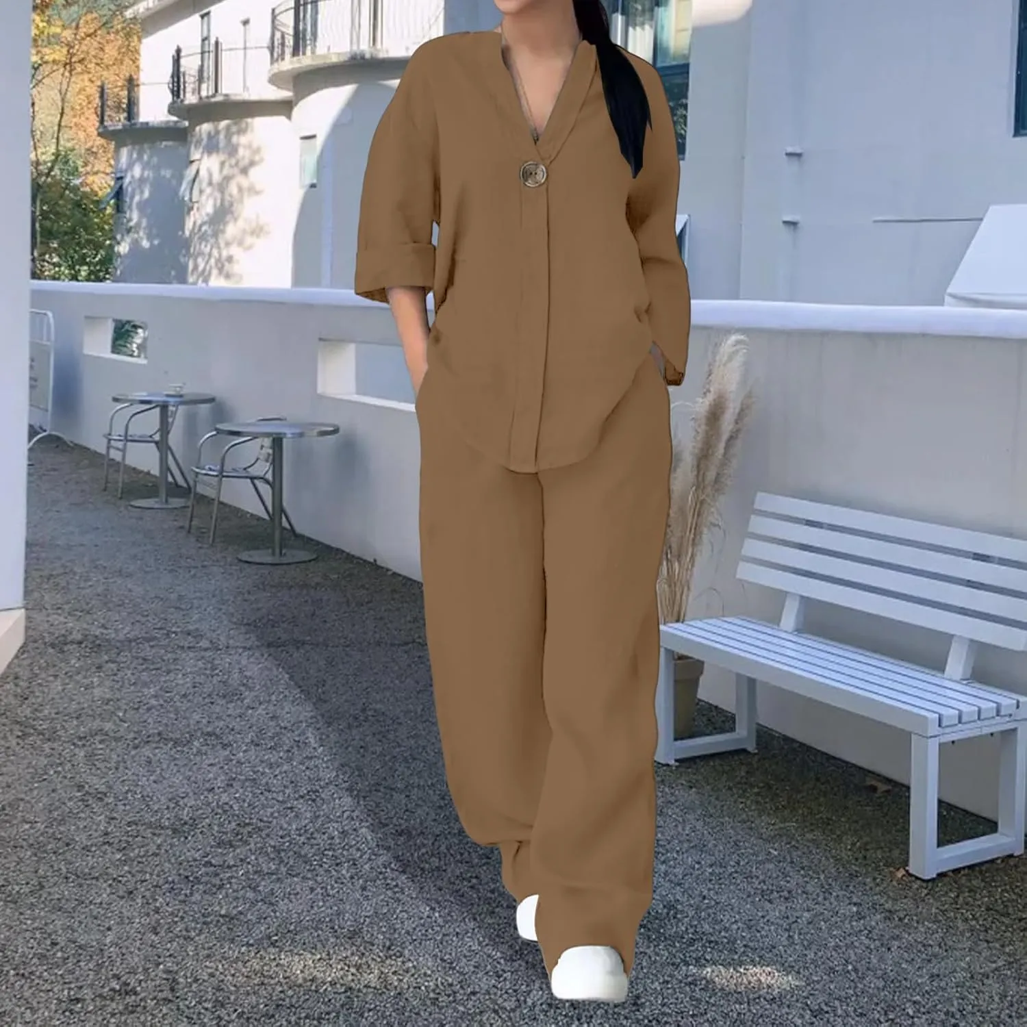 Summer Outfit for Women 2 Piece Set Long Sleeve V Neck Tops Wide Leg Pants Set Cotton Linen Outfit 2025