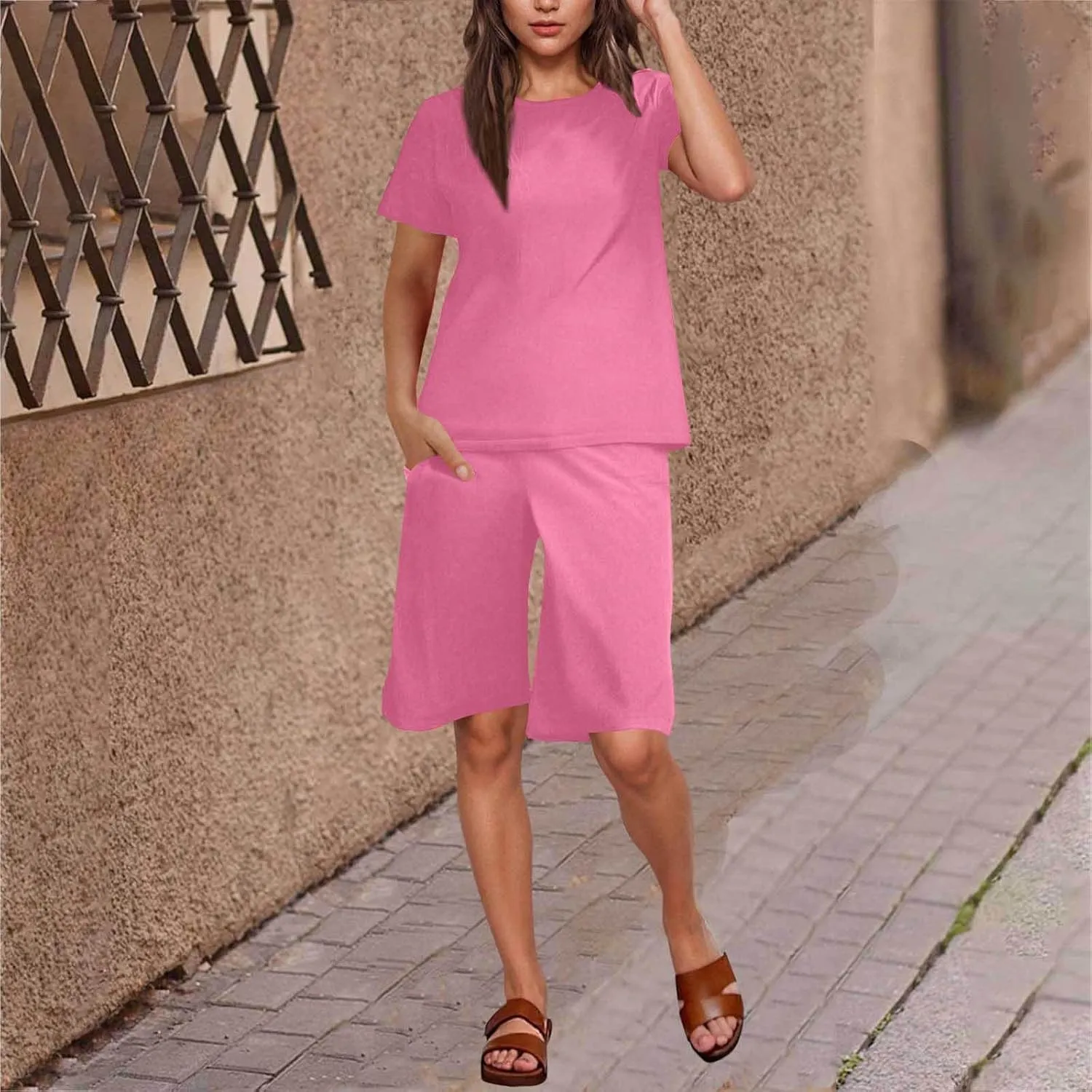 Summer Outfits for Women 2025 Short Sleeve Tops with Bermuda Shorts Lightweight Gauze Lounge Set with Pockets
